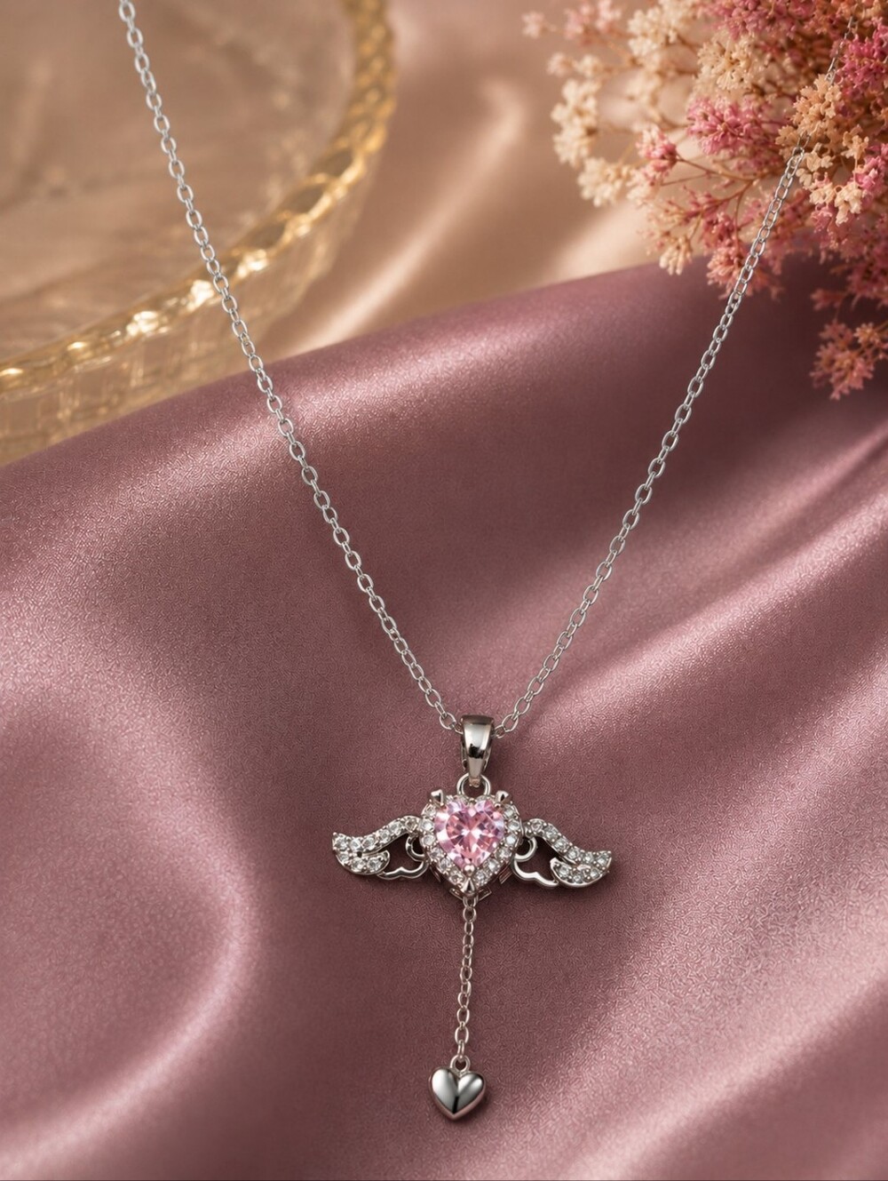 Winged Pink Crystal Heart Y-Drop Necklace | Romantic Angel Heart Pendant